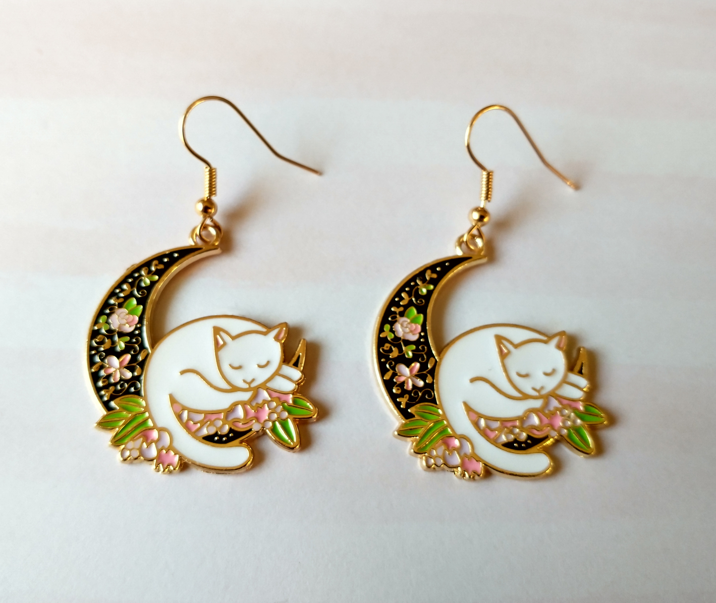 Moon Kitty Enamel Charm Earrings