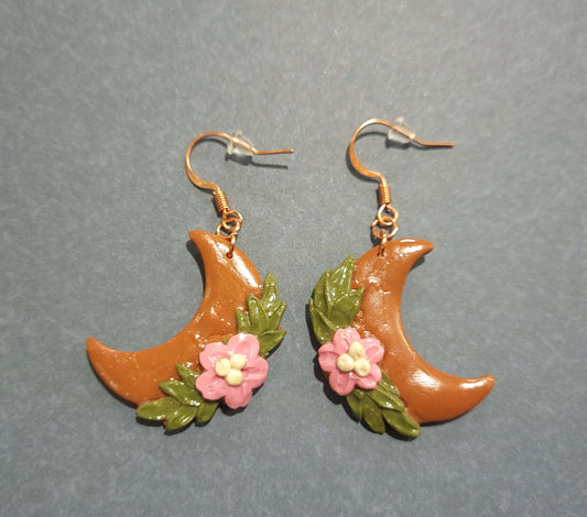 Terracotta Moon and Flower Earrings