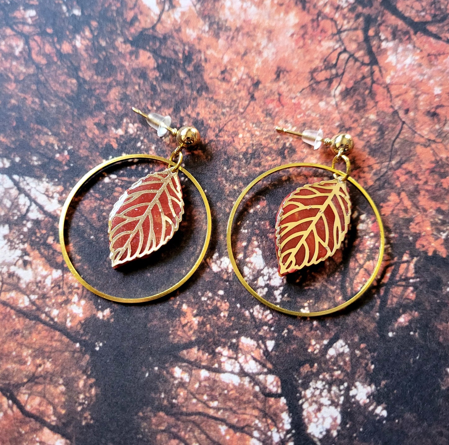 Autumn Birch Leaf in Gold Ring Polymer Clay Earrings