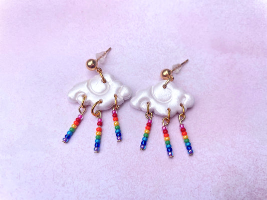 Rainbow Cloud Polymer Clay and Bead Earrings